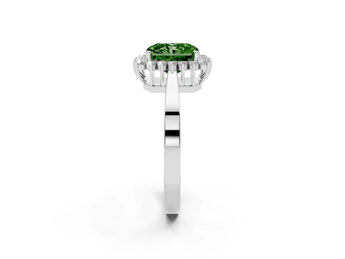 Fancy Green Radiant Cut Cut Diamond Halo Ring with Round Brilliant Halo and Solitaire Band Silver