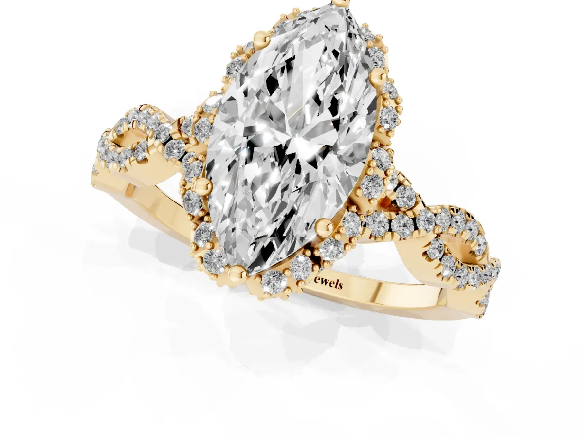 Marquise Cut Halo Twist Band Solitaire Ring with Six-Prong Setting Yellow gold