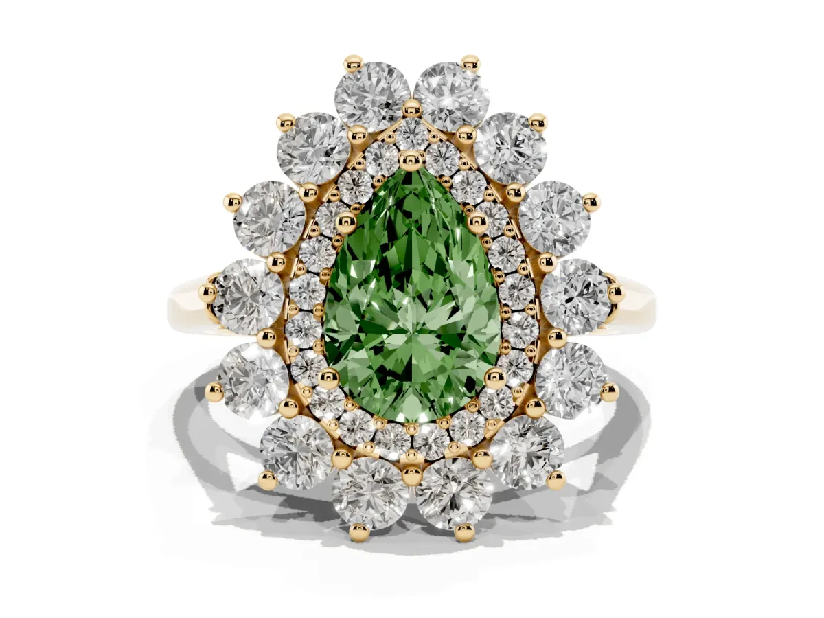 Fancy Green Pear Cut Diamond Floral Double Halo Engagement Ring with Prong Setting Yellow gold
