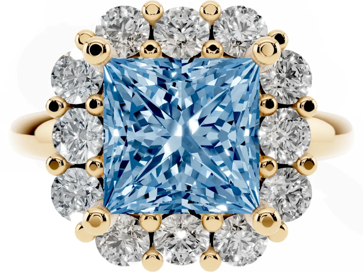 Fancy Blue Princess Cut Halo Cluster Diamond Engagement Ring with Prong Setting and Polished Band Yellow gold