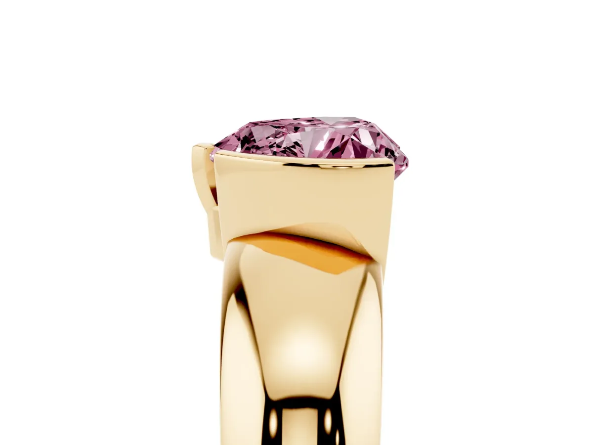 Fancy Pink Heart Cut Solitaire Tension Set Diamond Ring with Wide Band Yellow gold