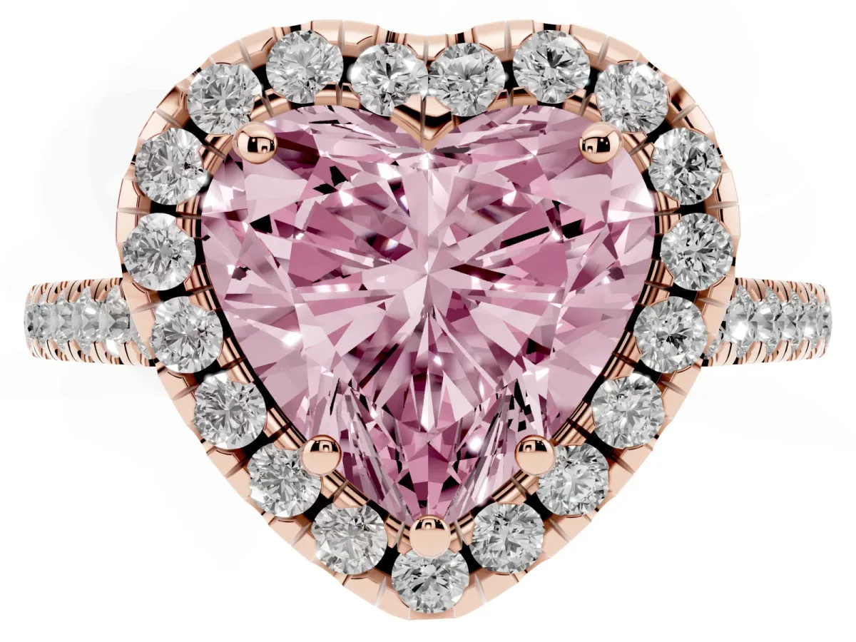 Fancy Pink Heart Cut Halo Pavé Diamond Engagement Ring with Four-Prong Setting Rose gold