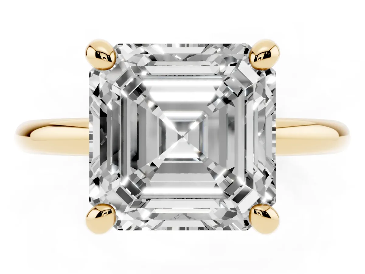 Asscher Cut Solitaire Diamond Ring with Four-Prong Setting on a Plain Band Yellow gold