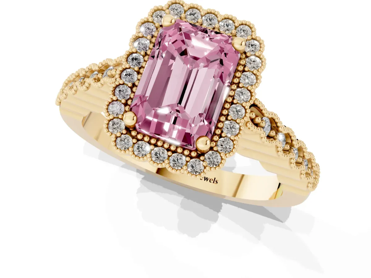 Fancy Pink Radiant Cut Cut Halo Pavé Solitaire Ring with Milgrain Band Yellow gold