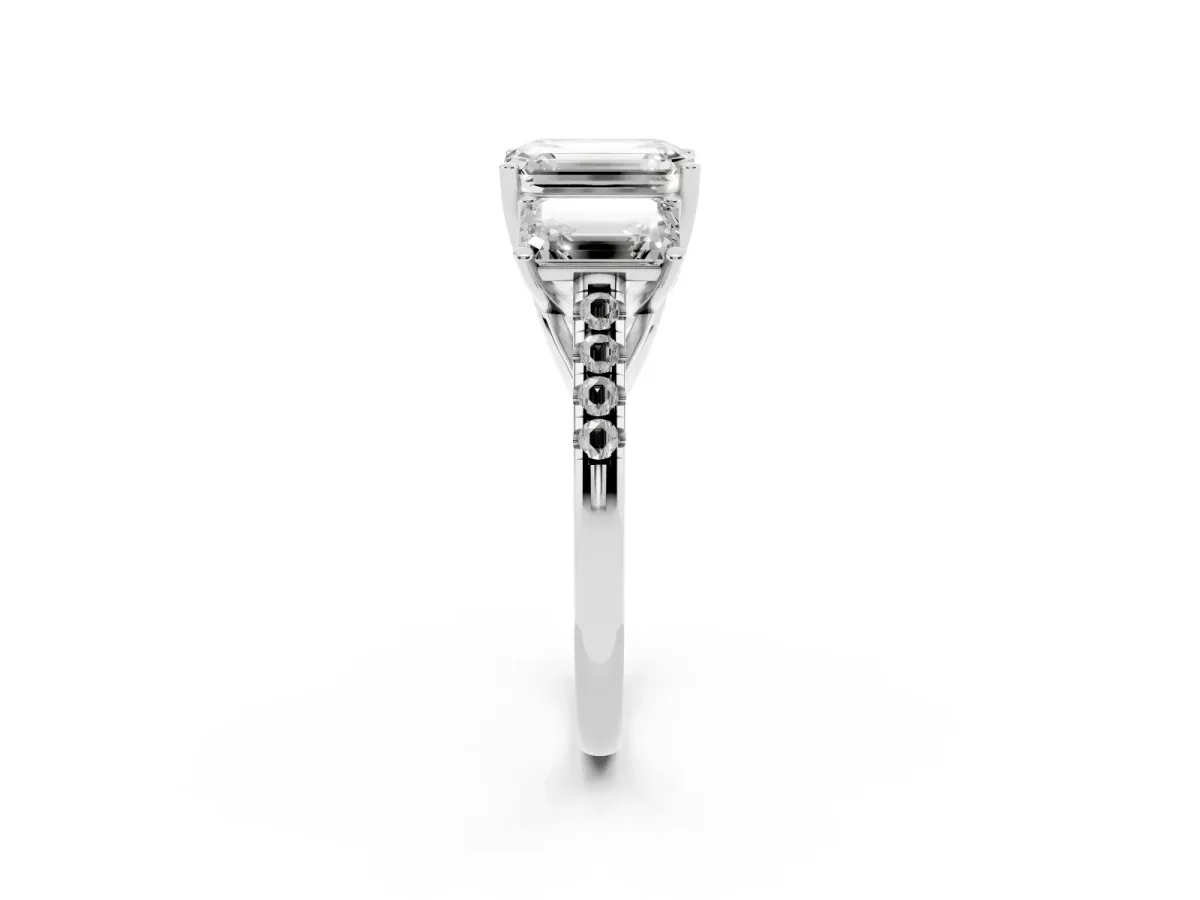 Three-Stone Emerald Cut Diamond Ring with Round Pavé Band and Prong Setting Silver