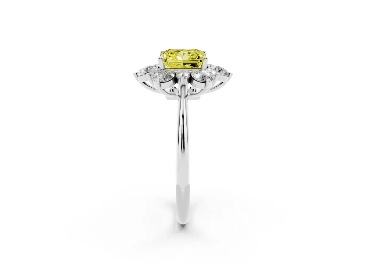 Fancy Yellow Princess Cut Diamond Cluster Halo Ring with Solitaire Band and Four-Prong Setting White gold
