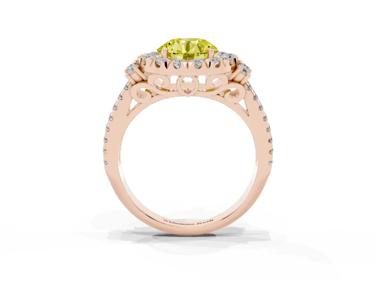 Fancy Yellow Round Cut Cut Double Halo Diamond Engagement Ring with Pave Band and Four-Prong Setting Rose gold