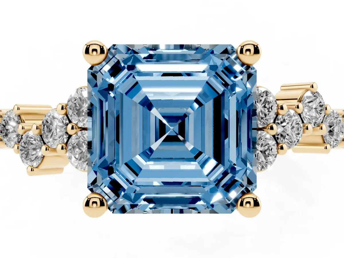 Fancy Blue Asscher Cut Diamond Scattered Round Accent Ring with Prong Setting Yellow gold