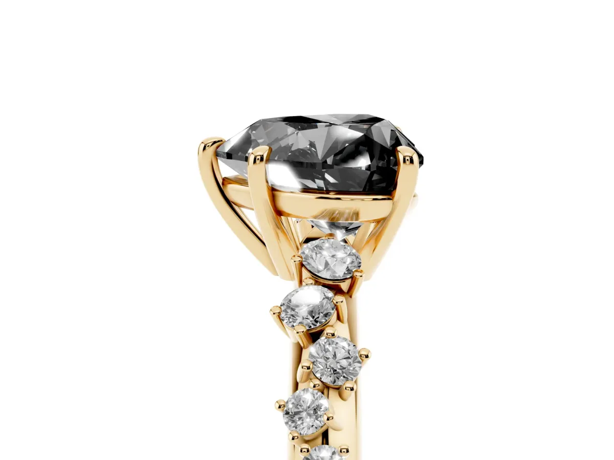 Fancy Black Heart Cut Diamond Cluster Side Stone Solitaire Ring with Prong Setting Yellow gold