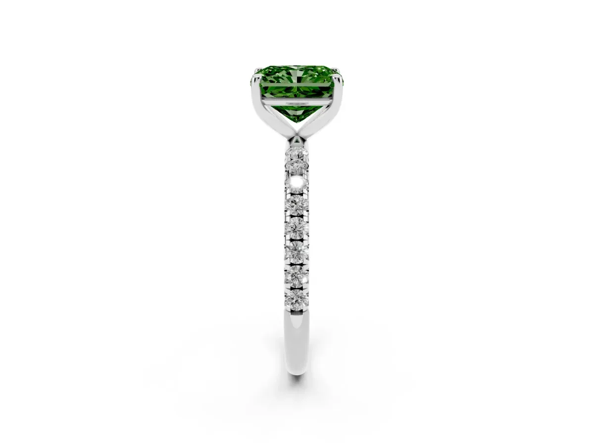 Fancy Green Radiant Cut Cut Diamond Solitaire Ring with Micro Pave Band and Four Prong Setting White gold