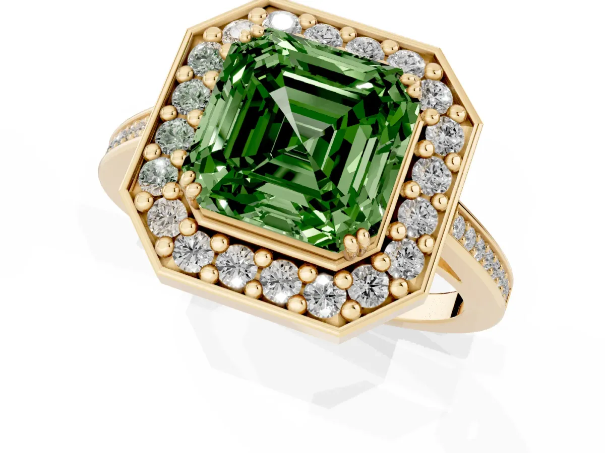 Fancy Green Asscher Cut Diamond Halo Ring with Split Shank and Four-Prong Setting Yellow gold
