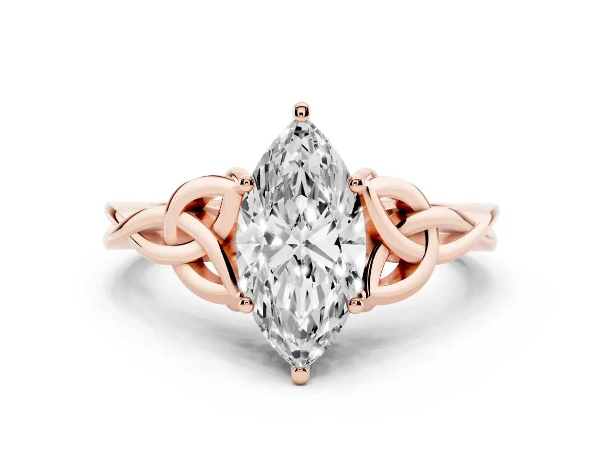 Marquise Cut Diamond Solitaire Engagement Ring with Celtic Knot Band and Four-Prong Setting Rose gold