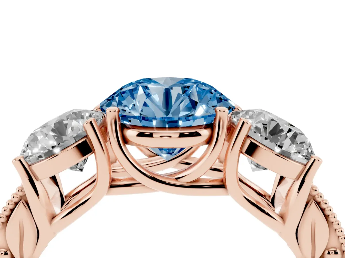 Fancy Blue Three-Stone Round Cut Cut Milgrain Pavé Engagement Ring Rose gold