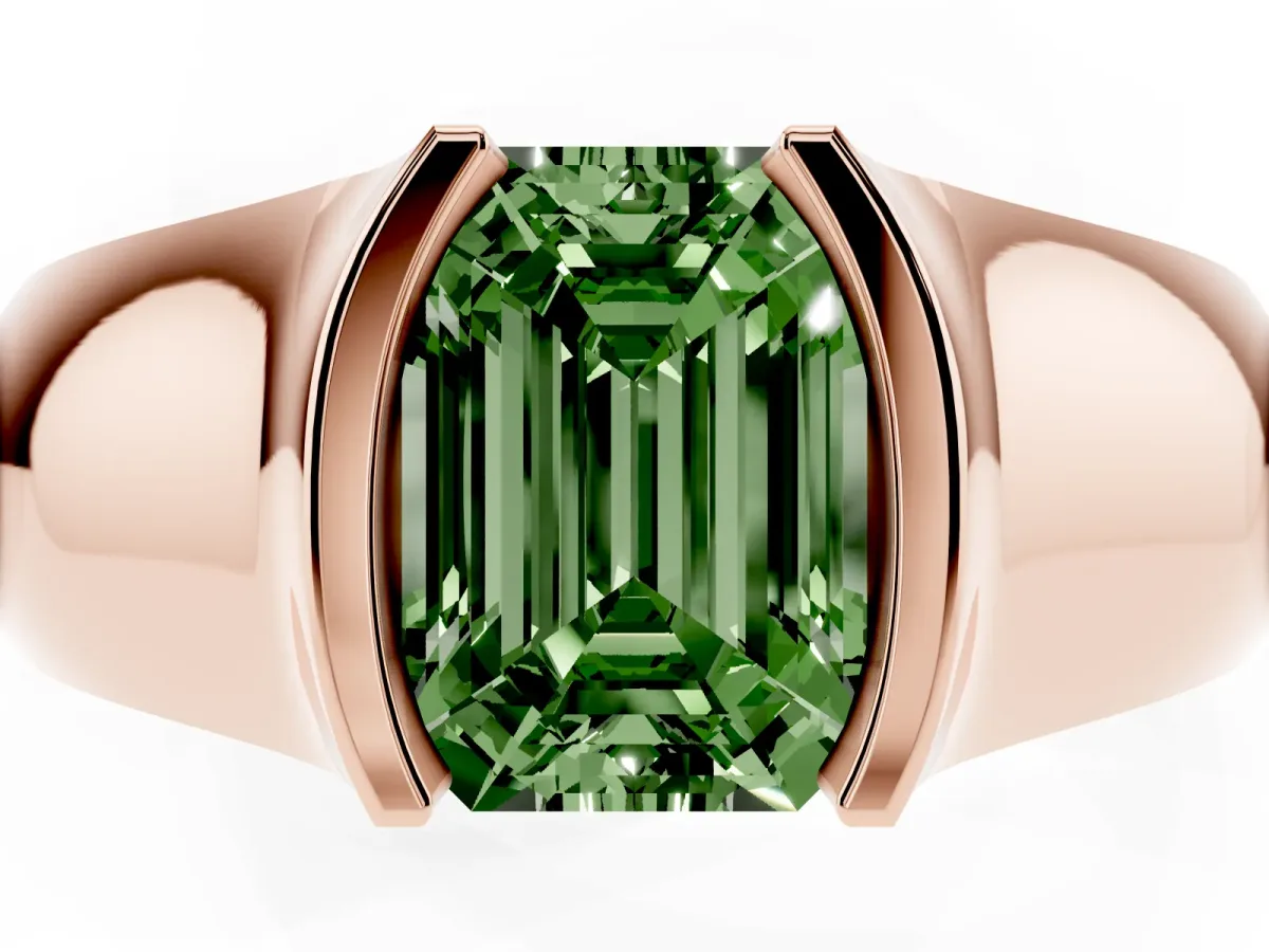 Fancy Green Emerald Cut Solitaire Bezel Set Diamond Ring with Wide Band Rose gold