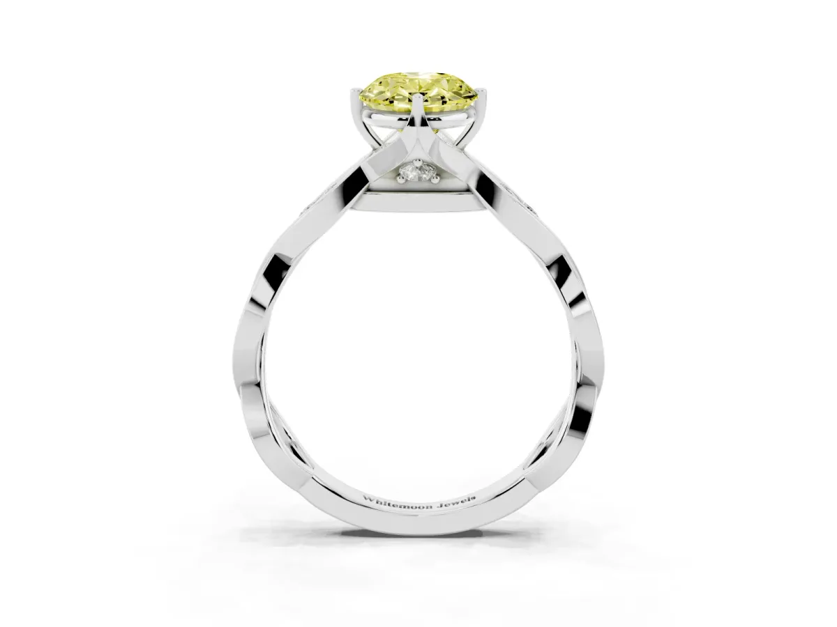 Fancy Yellow Oval Cut Solitaire Twist Band with Leaf Prong Setting White gold