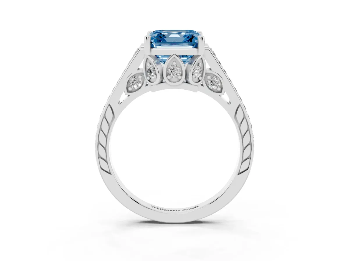 Fancy Blue Asscher Cut Cut Cathedral Pave Diamond Engagement Ring with Six-Prong Setting Silver