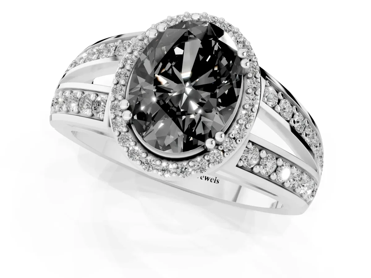Fancy Black Oval Cut Diamond Halo Ring with Split Shank Pavé Band and Four-Prong Setting White gold