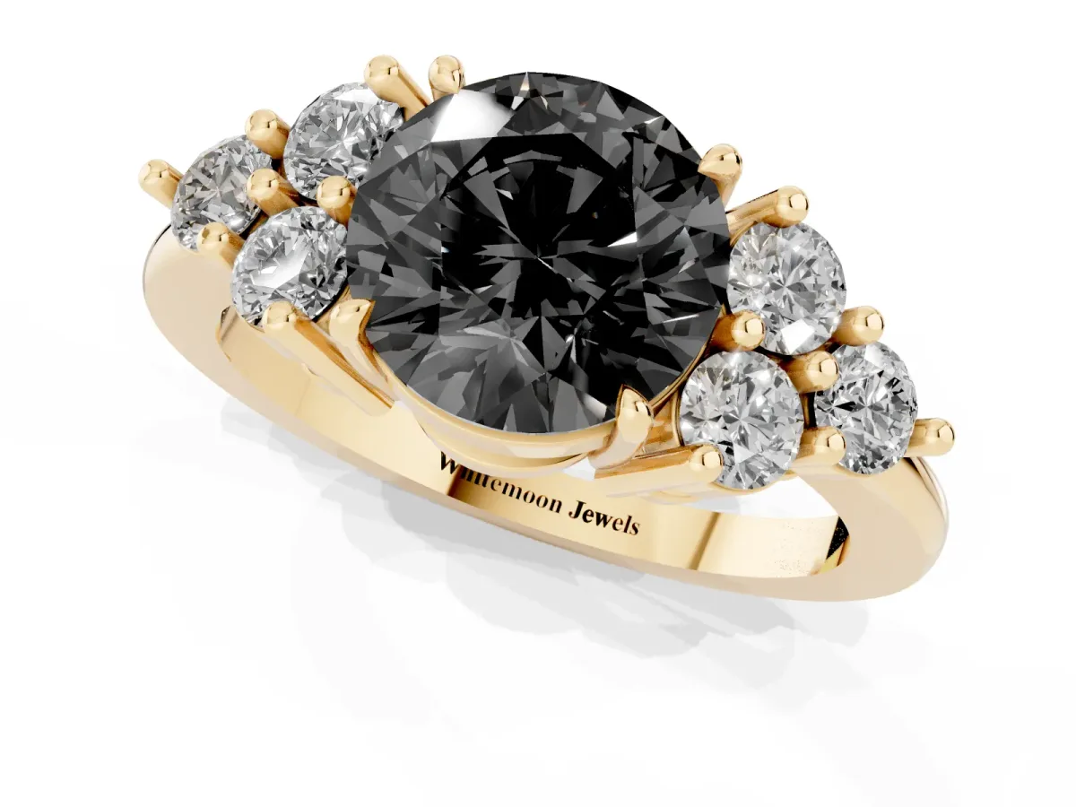 Fancy Black Round Cut Brilliant Diamond Cluster Accent Solitaire Ring with Prong Setting Yellow gold