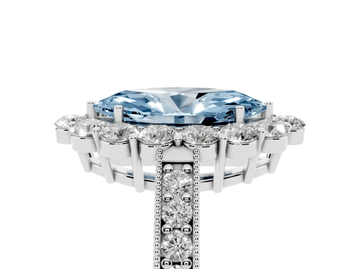 Fancy Blue Marquise Cut Cut Halo Diamond Pavé Engagement Ring with Milgrain Detailing Silver