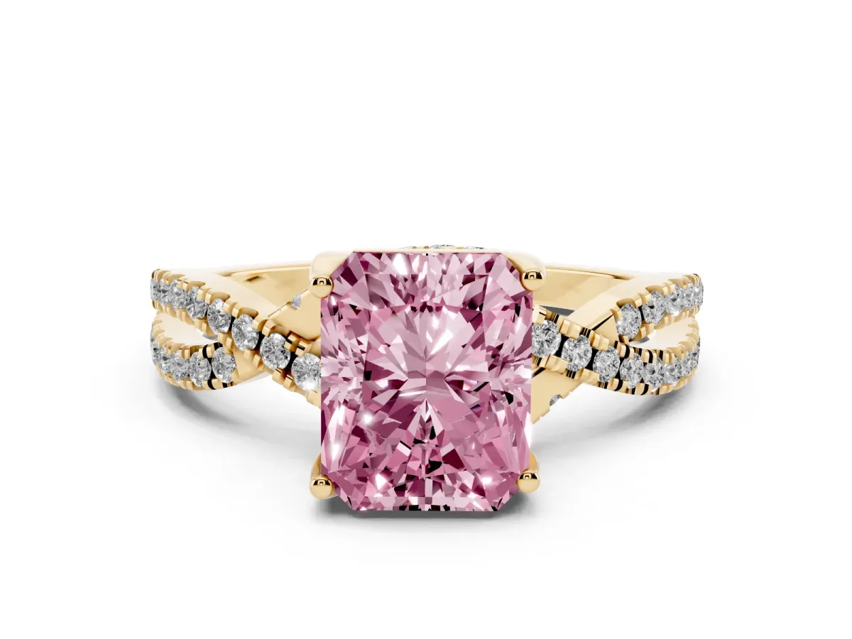 Fancy Pink Radiant Cut Solitaire Twist Pave Diamond Engagement Ring with Prong Setting Yellow gold