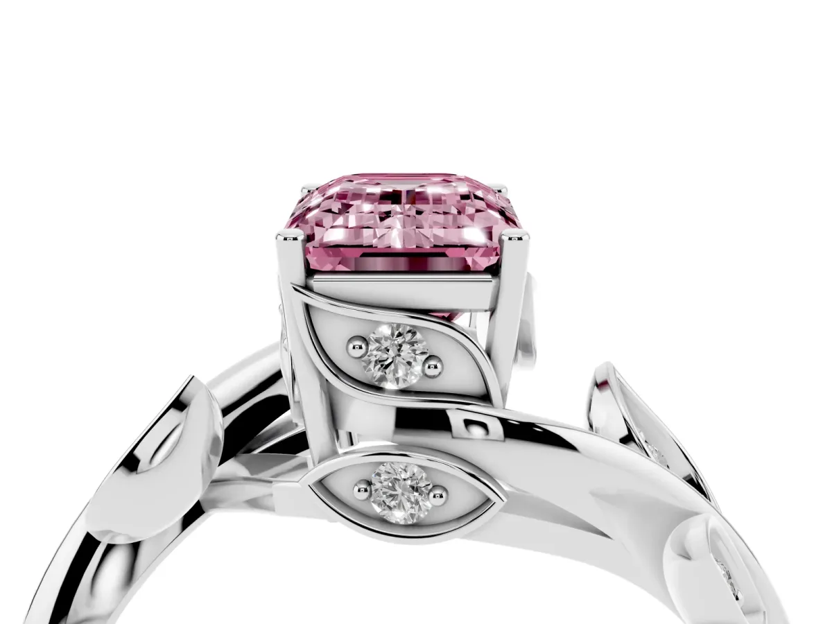 Fancy Pink Emerald Cut Solitaire Twist Engagement Ring with Leaf Accents and Prong Setting Silver