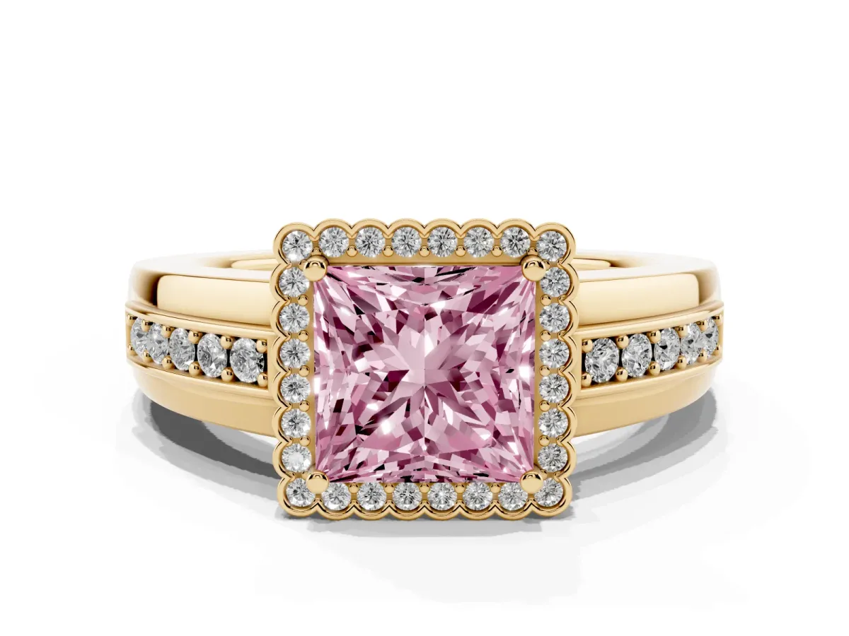 Fancy Pink Princess Cut Cut Halo Pave Band Four-Prong Ring Yellow gold