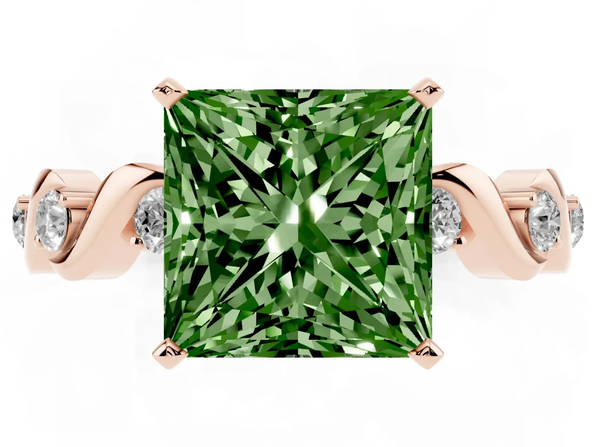 Fancy Green Princess Cut Diamond Solitaire Twisted Band with Round Accents and Prong Setting Rose gold