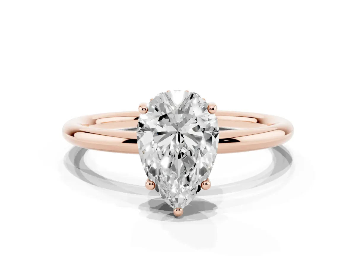 Pear Cut Solitaire Diamond Ring with a Classic Band and Four-Prong Setting Rose gold