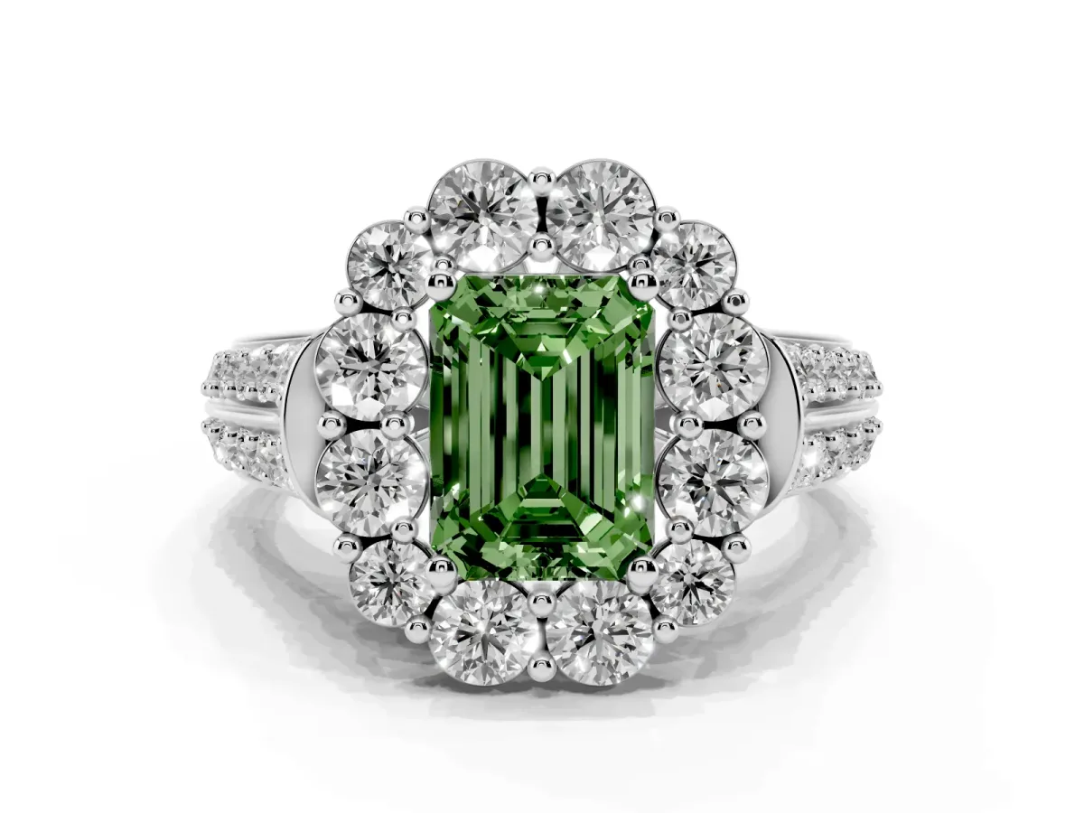 Fancy Green Emerald Cut Halo Diamond Engagement Ring with Split Shank and Prong Setting Silver