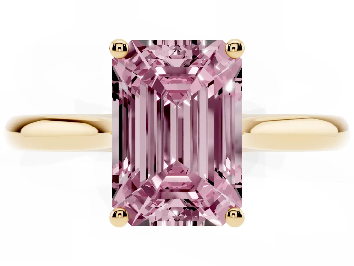 Fancy Pink Emerald Cut Cut Solitaire Ring with Cathedral Band and Four-Prong Setting Yellow gold