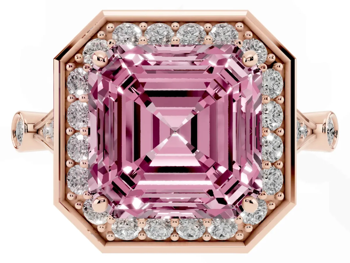 Fancy Pink Asscher Cut Halo Diamond Engagement Ring with Twisted Band and Four-Prong Setting Rose gold