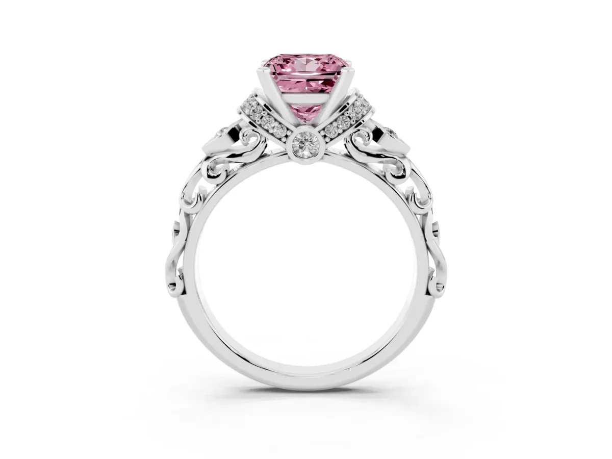 Fancy Pink Princess Cut Diamond Solitaire Ring with Filigree Band and Four-Prong Setting Silver