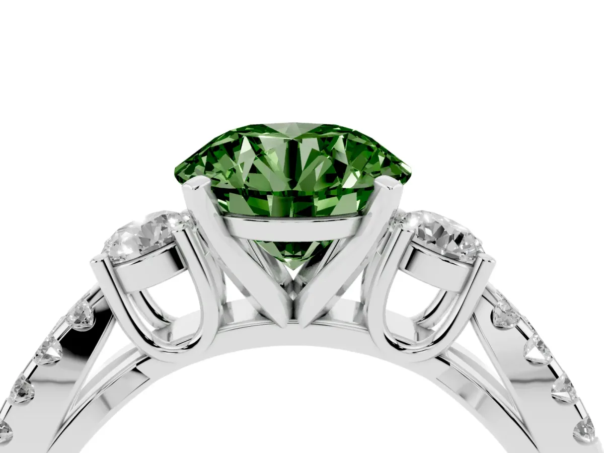 Fancy Green Round Cut Diamond Three-Stone Ring with Pavé Split Shank and Four-Prong Setting White gold