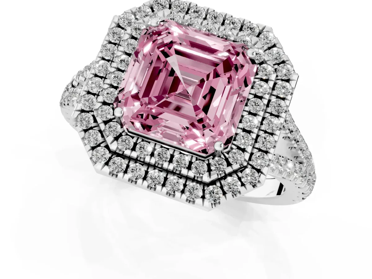 Fancy Pink Asscher Cut Diamond Double Halo Ring with Pavé Band and Prong Setting Platinum