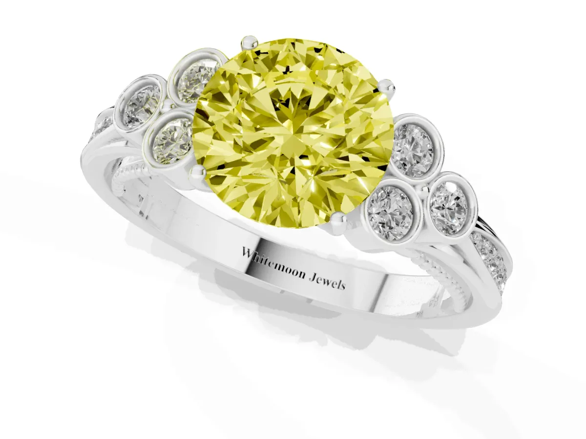 Fancy Yellow Round Cut Cut Diamond Engagement Ring with Bezel Set Round Side Stones and Prong Setting Silver
