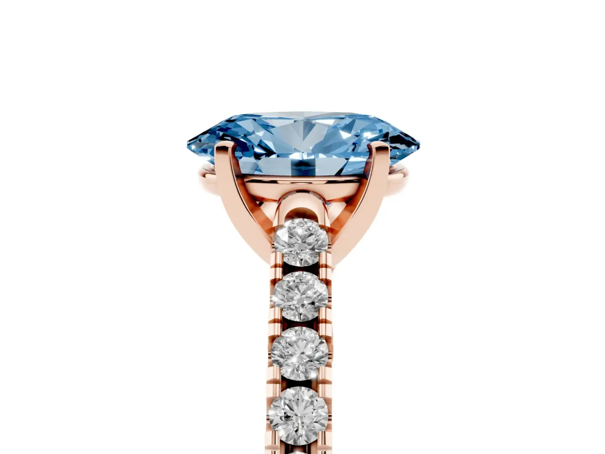 Fancy Blue Oval Cut Diamond Pavé Band Solitaire Ring with Prong Setting Rose gold