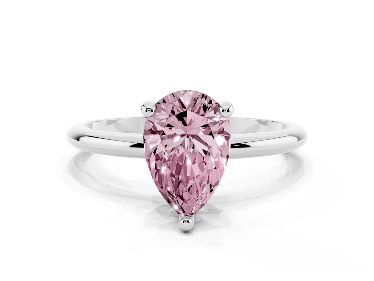 Fancy Pink Pear Cut Solitaire Diamond Ring with 4-Prong Setting on a Classic Band Silver