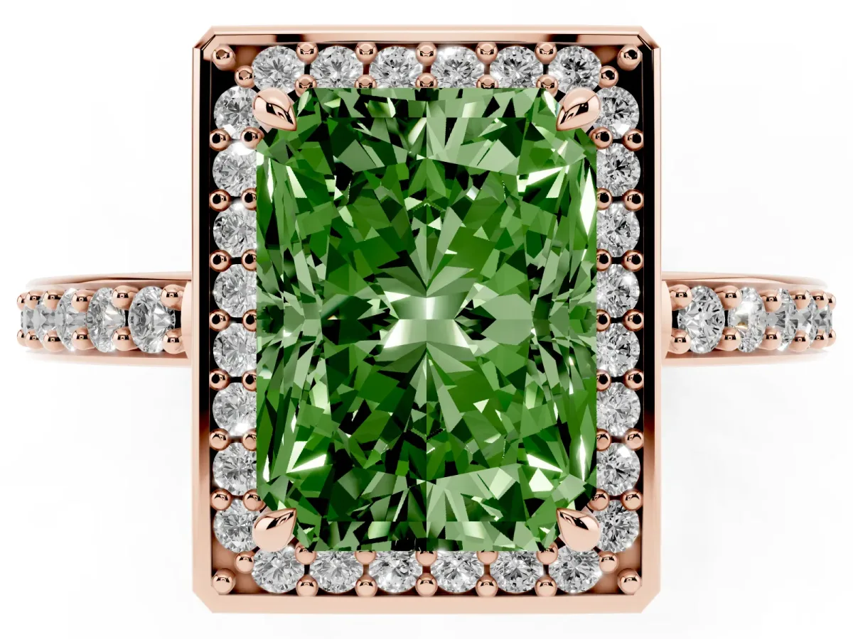 Fancy Green Radiant Cut Halo Pave Band Solitaire Ring with Prong Setting Rose gold