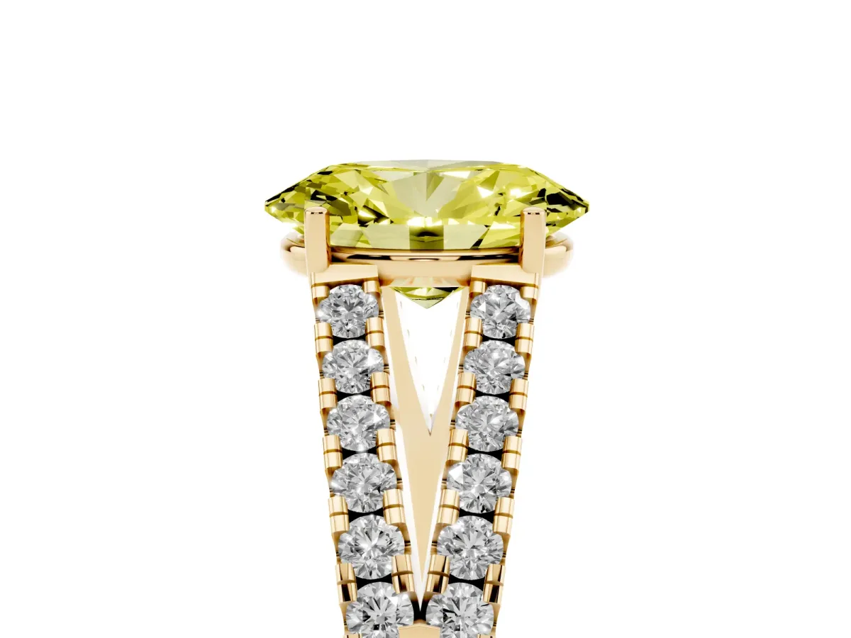 Fancy Yellow Oval Cut Diamond Split Shank Engagement Ring with Round Pavé and Prong Setting Yellow gold