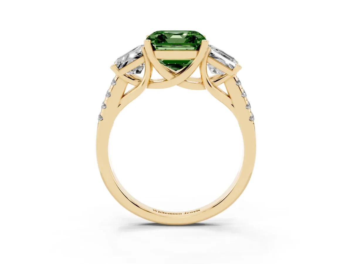 Fancy Green Three-Stone Asscher Cut Diamond Ring with Round Pavé Band and Prong Setting Yellow gold