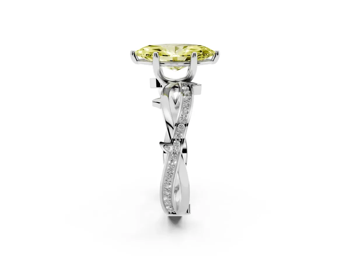 Fancy Yellow Marquise Cut Solitaire Twist Band with Pavé Accents and Four-Prong Setting Silver