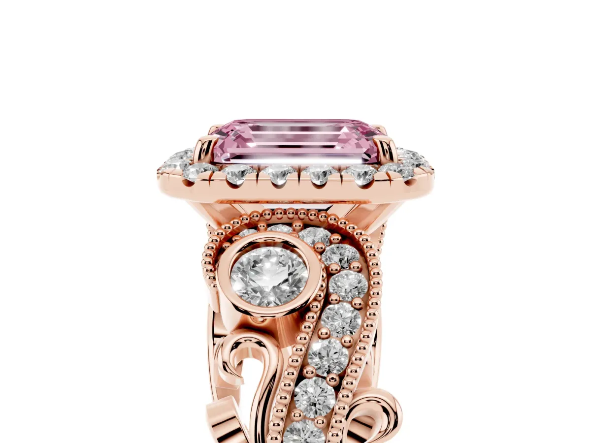 Fancy Pink Emerald Cut Diamond Halo Ring with Milgrain Pavé Band and Four-Prong Setting Rose gold