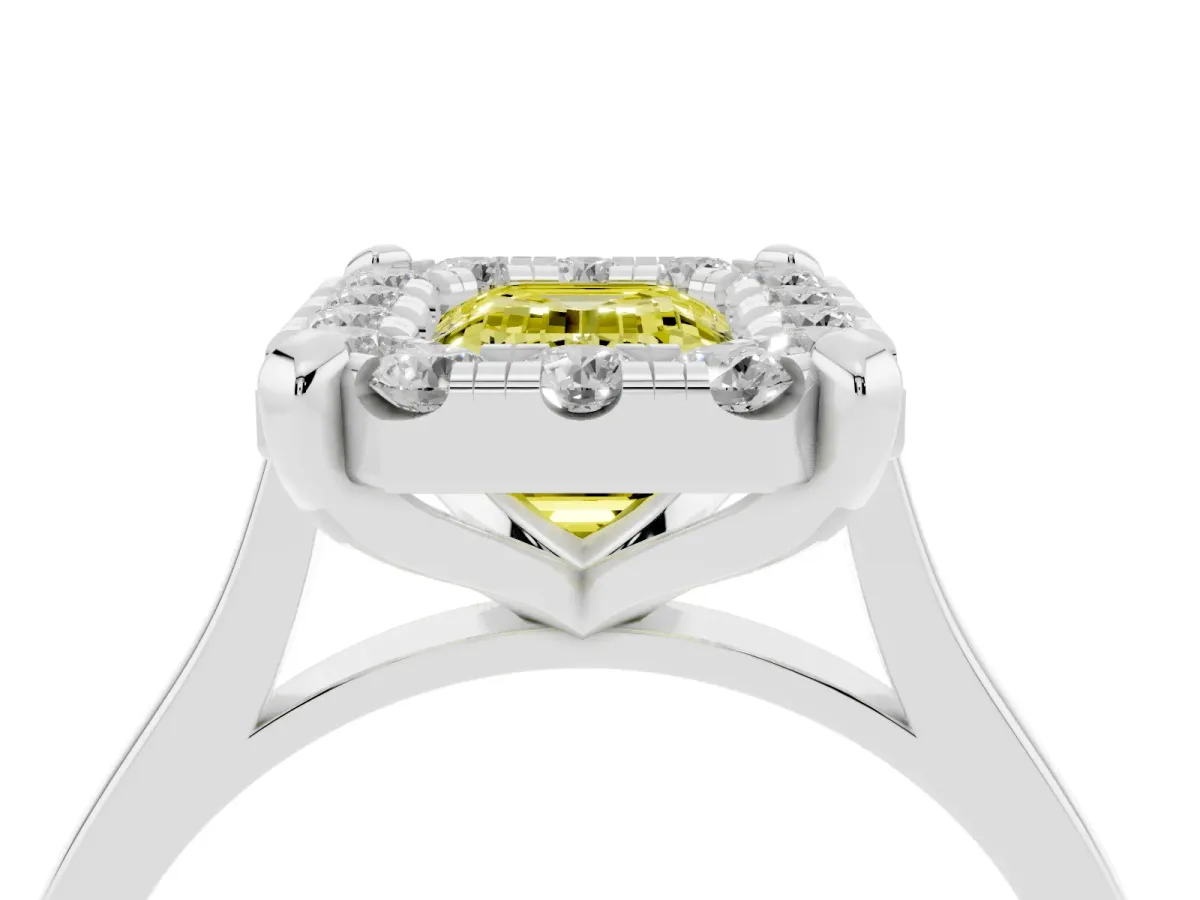 Fancy Yellow Emerald Cut Diamond Cluster Halo Solitaire with Four-Prong Setting Silver