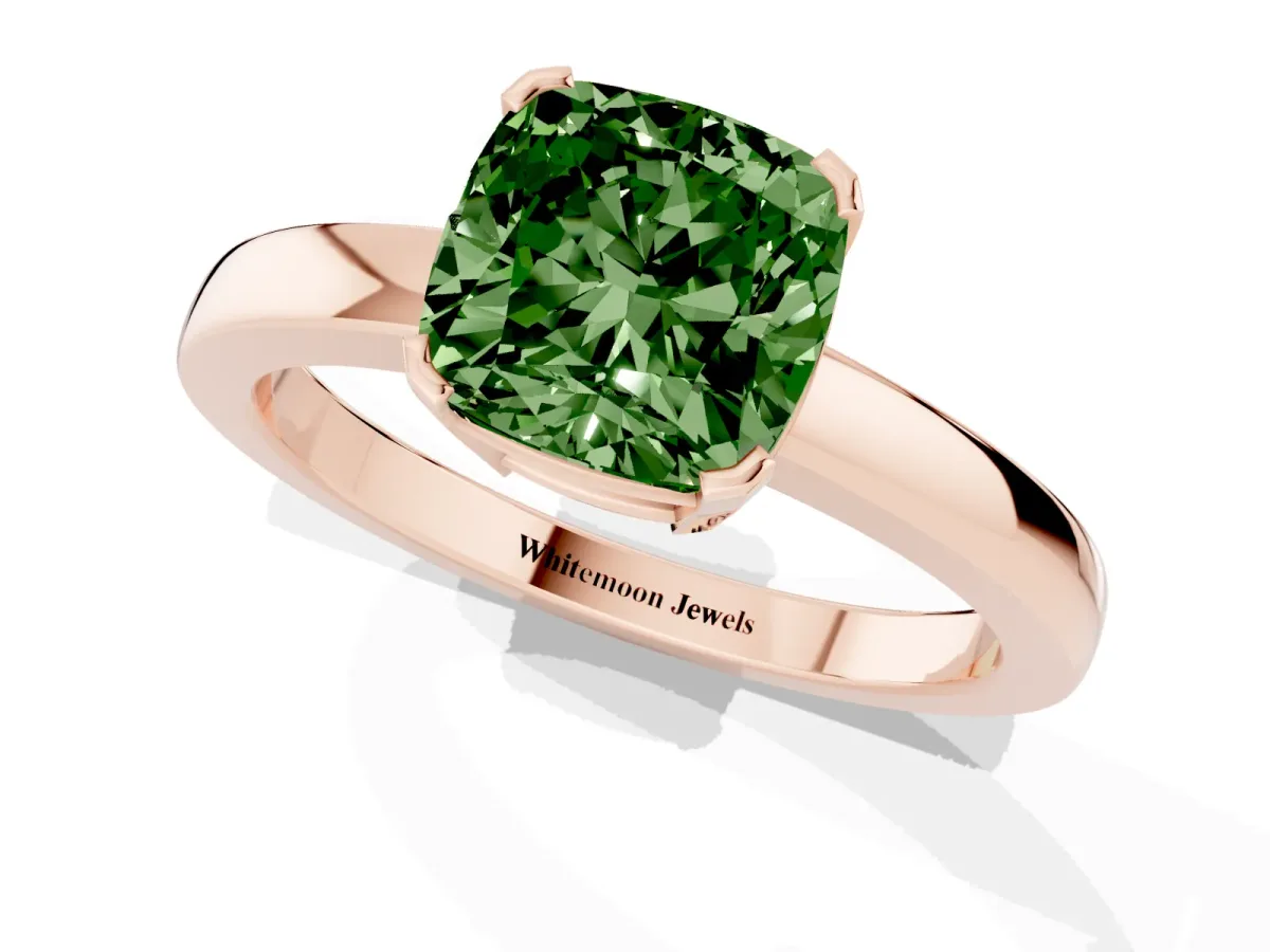 Fancy Green Cushion Cut Cut Solitaire Ring with Four-Prong Setting and Classic Band Rose gold
