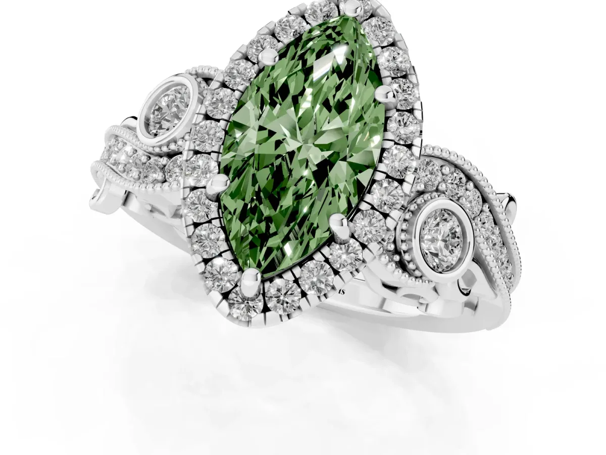 Fancy Green Marquise Cut Halo Diamond Ring with Milgrain and Bezel Accents on a Split Shank Band White gold