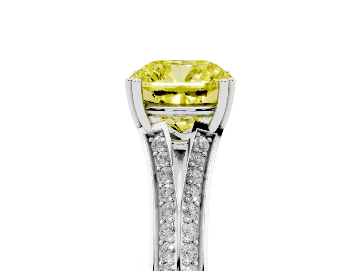 Fancy Yellow Cushion Cut Diamond Split Shank Engagement Ring with Pavé Band Silver