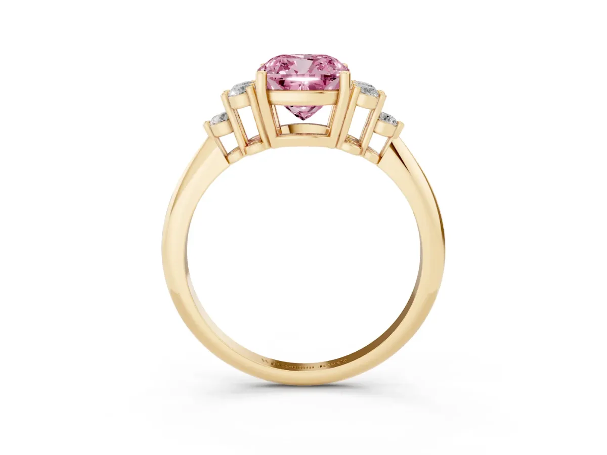 Fancy Pink Cushion Cut Cut Diamond Cluster Ring with Solitaire Band and Four-Prong Setting Yellow gold