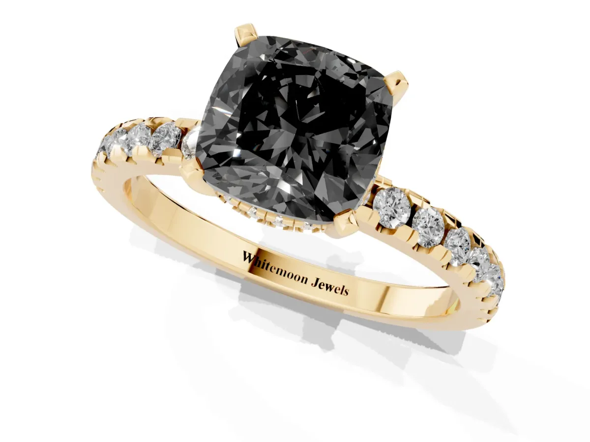 Fancy Black Cushion Cut Diamond Solitaire Ring with Round Pavé Band and Four-Prong Setting Yellow gold