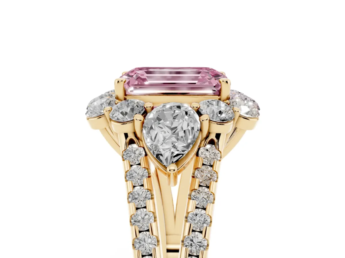 Fancy Pink Emerald Cut Halo Split Shank Diamond Engagement Ring with Prong Setting Yellow gold