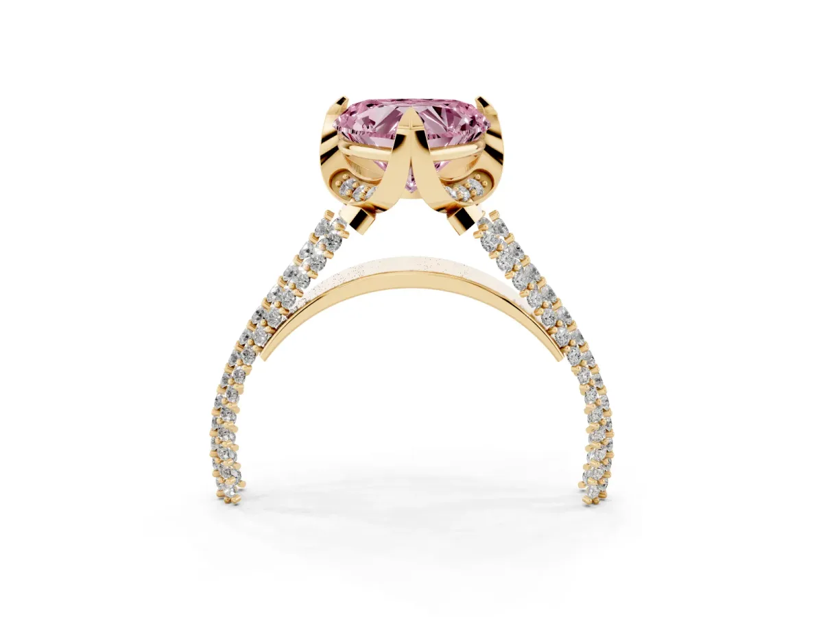 Fancy Pink Heart Cut Solitaire Pave Split Shank Ring with Four-Prong Setting Yellow gold